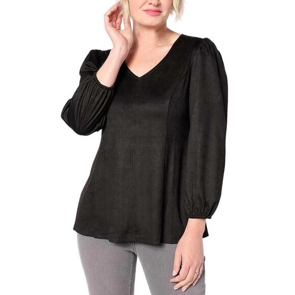Susan Graver Tops - Susan Graver Faux Suede V-Neck Fit & Flare 3/4 Sleeve Top Black Size 2X